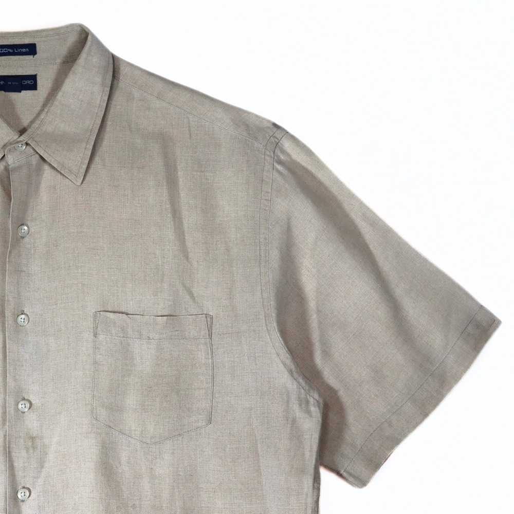John Ashford Button Up Shirt Mens XL Tall Tan 100% Linen Short Sleeve Summer